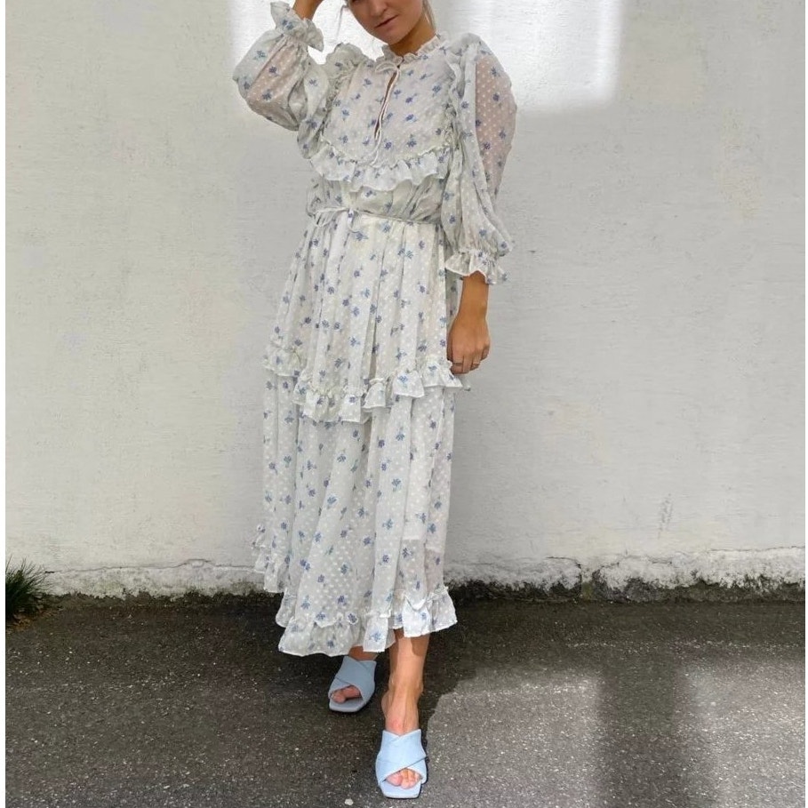 Stella Nova Barbara Dress In Soft Blue Floral Ruffled Tiered Frilly Chiffon Maxi